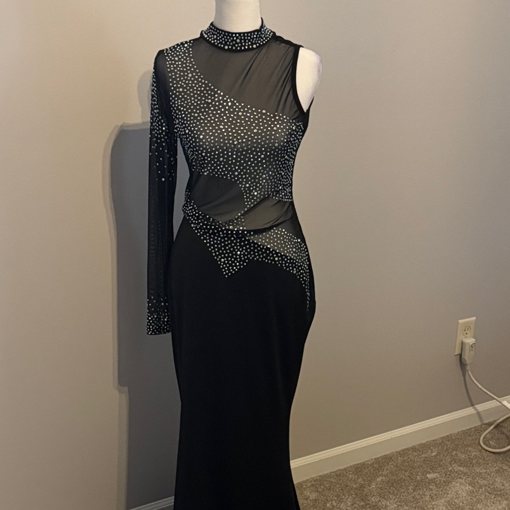 Elegant Black Sheer Dress with Rhinestone Accents